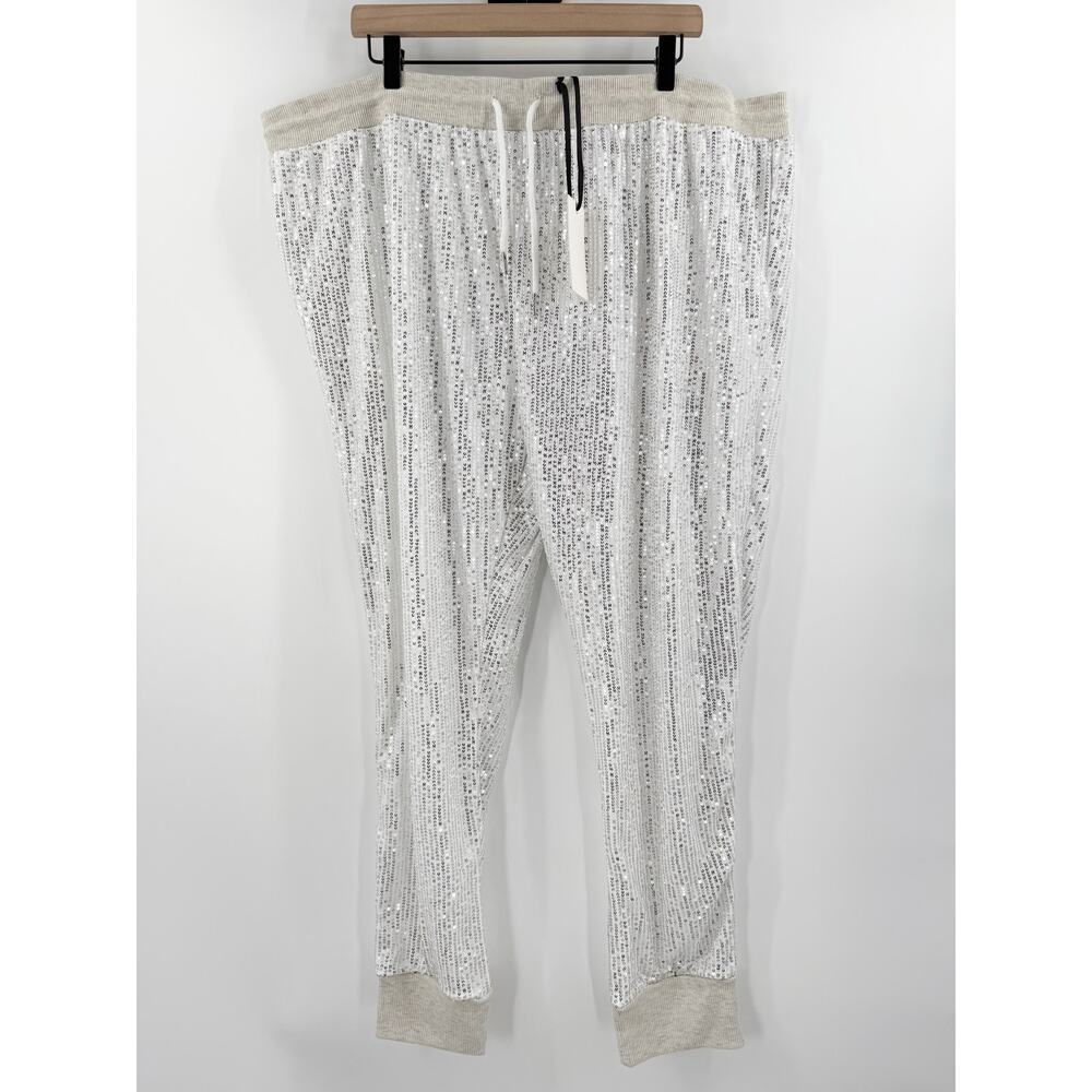 Nikki Lund Joggers Women's 3X NWT Drawstring Knit Sequin White/Silver Plus Curvy